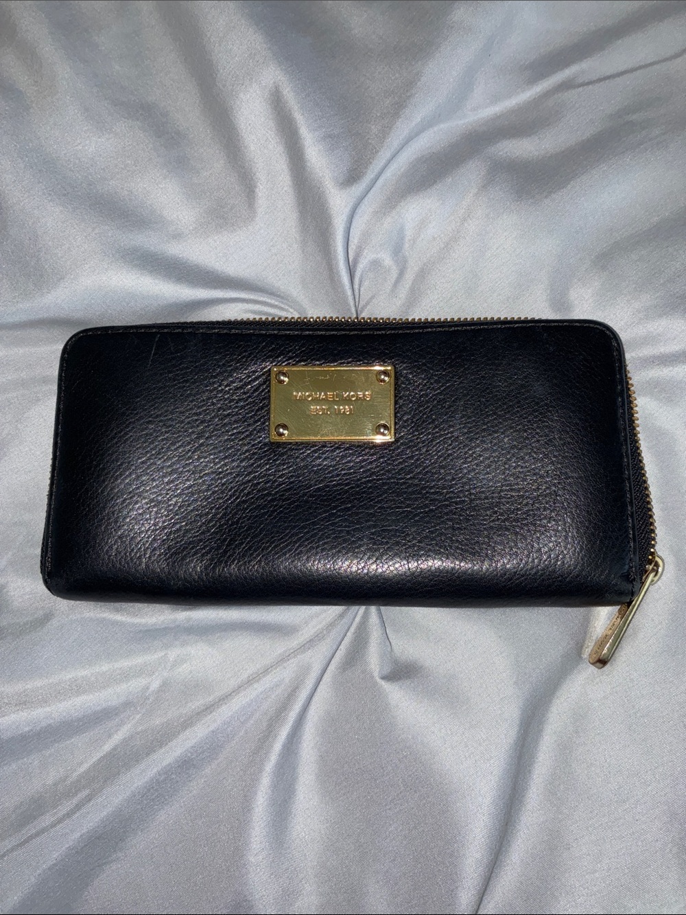 Michael Kors Black Leather Zip Wallet with Gold Plaque